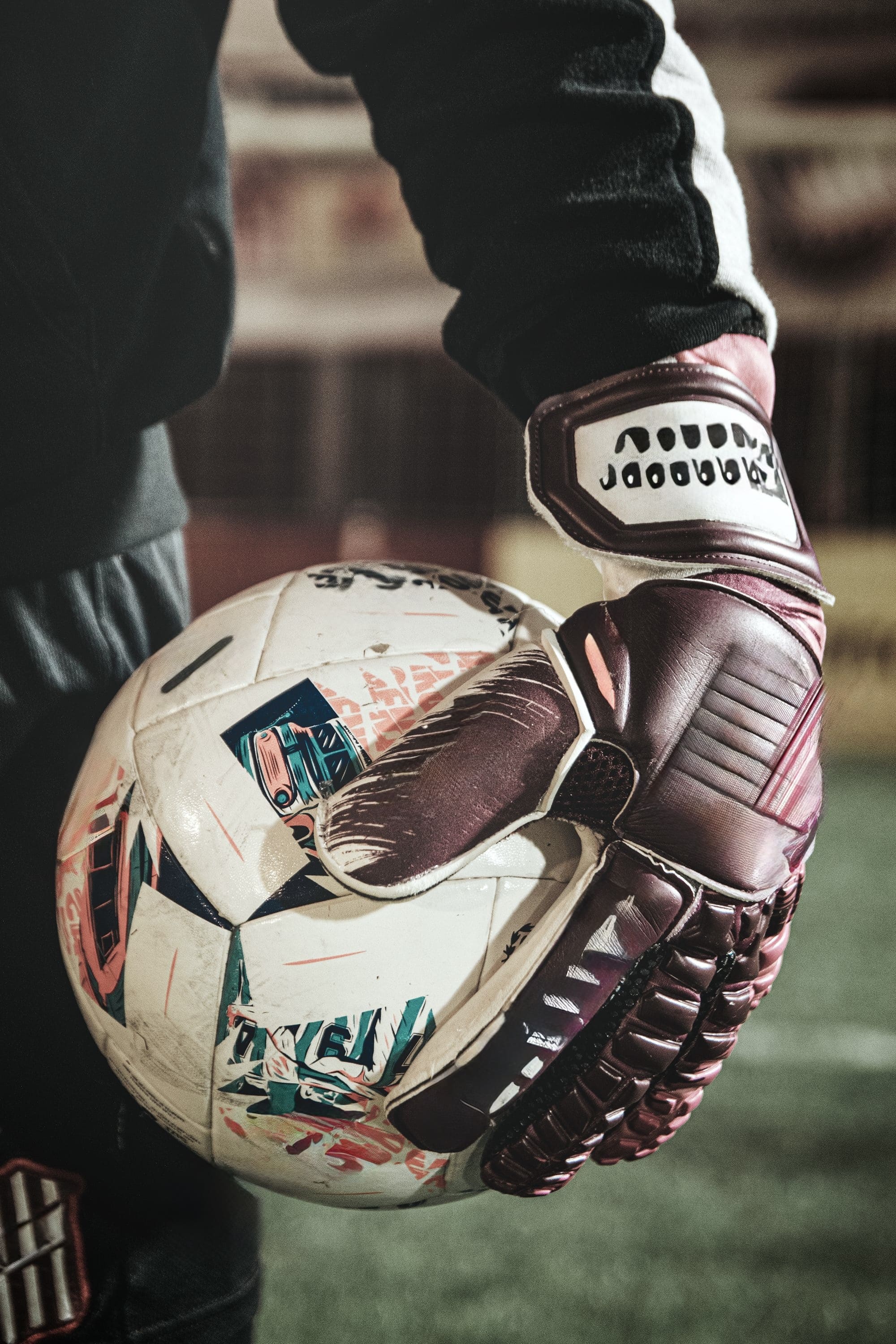 Goalkeeper diving toward a football
